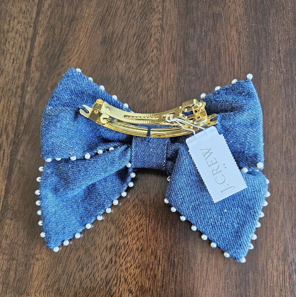 J.Crew Denim Bow Pearl Lined Barrette, Blue/ White